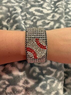 Katydid Silver and Red Crystal Baseball Cuff Bracelet